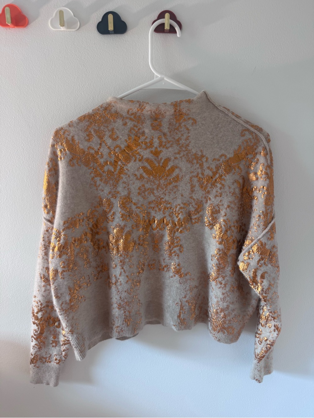 Pilcro Beige Cashmere Sweater with Metallic Gold Floral Pattern - Picture 4 of 4
